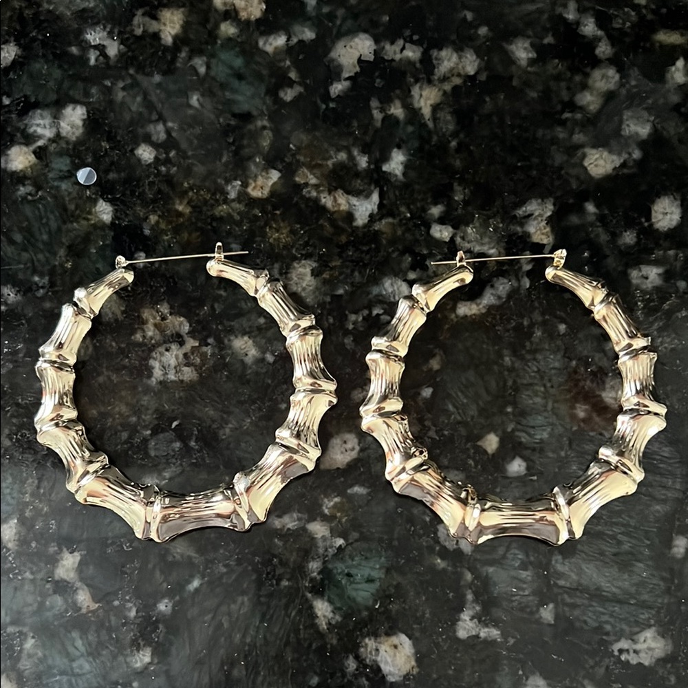 Bold Gold Tone Textured Bamboo Hoop Earrings